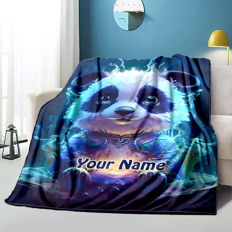 1PC Custom Name Panda Spirit Fantasy flannel blanket versatile,all-season throw suitable for the living room,bedroom,camping,travel,and gift