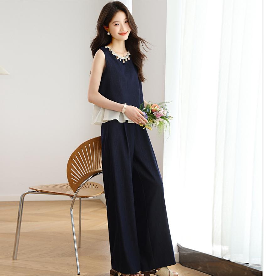 Fashion Slack Wearing Vest Suit Women's Summer New Splicing Sleeveless Top Wide-leg Pants Two-piece Set