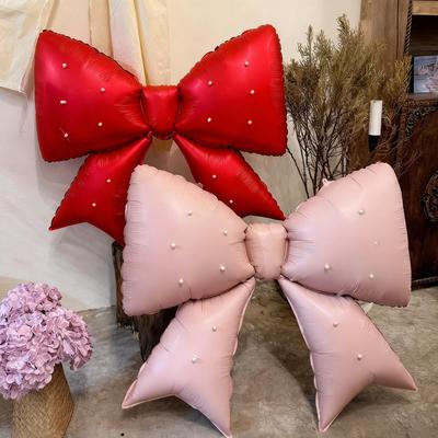 Bow Aluminum Foil Balloon Strap with Pearl Decoration for Birthday Party, Wedding Proposal, Shower Party Decoration