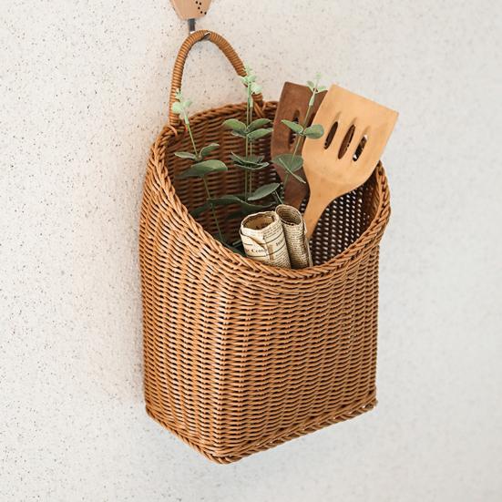 Handwoven Storage Basket Boho Hanging Basket with Handle Rustic Storage Basket for Flowers Fruits Vegetables Kitchen Produce