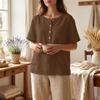 Women Henley Button Neck Short Sleeve Cotton Linen Shirt with Chest Pocket Loose Fit Casual Top for Daily Office Wear