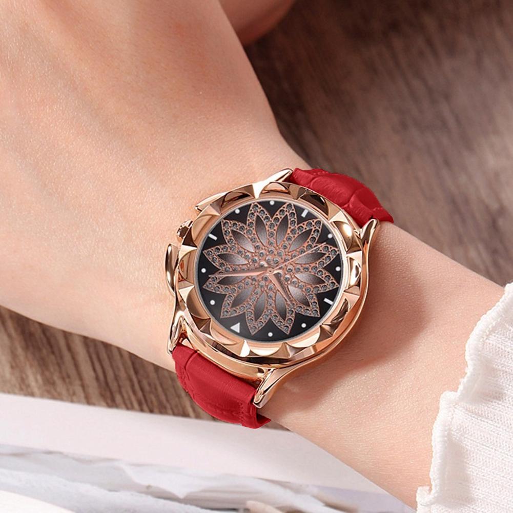 Luxury Rhinestone Inlaid Flower Shaped Women Wrist Watch Leather Strap Quartz Watch
