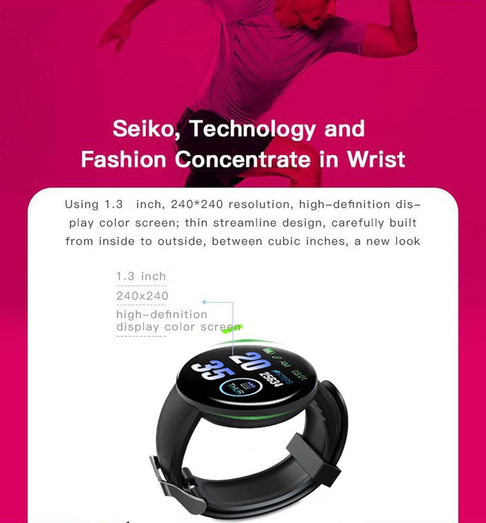 D18 Smart Bracelet: Color Screen, Call Alerts, Step Counter, Waterproof, Heart Rate & Blood Pressure Monitor.