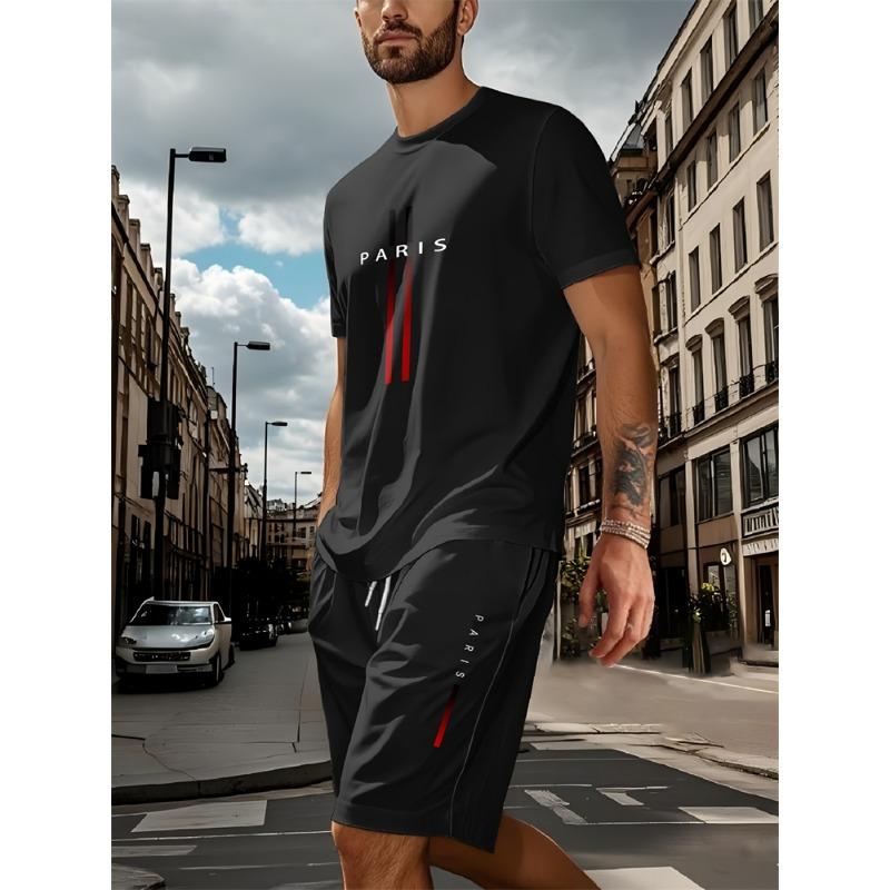 Ensemble Deux Pièces Homme Casual Été 2025 T-shirt Manches Courtes Imprimé Rayures Ensemble Short de Sport Ensemble Fitness
