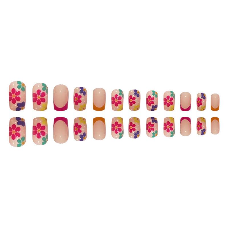 24pcs Press On Nails Spring Manicure Simple Chinese Square Shape Pure Desire Colorful Flowers Small Fresh Pink Transparent Manicure Wearable Patch