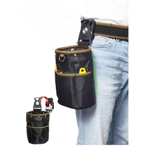 This belt pouch features a two-tiered design with a spring-loaded closure and a removable tool holder for easy attachment and detachment. It can also