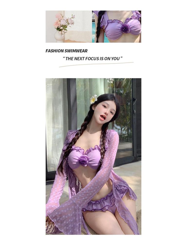 2025 Korean Sexy Gathered Swimsuit: Women's Three-Piece Set with Long-Sleeve Cover-Up