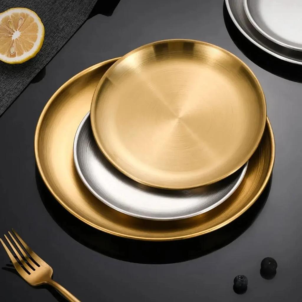 4PC Metal Dining Dish Stainless Steel Round Plate Shallow Tray BBQ Picnic Camping Food Container Tableware Dessert Plate Kitchen