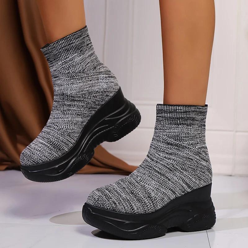 Fashion Chunky Platform Knitted Sneakers for Women High Top Comfortable Sports Shoes Woman Thick Bottom Elastic Slip On Socks Sneakers