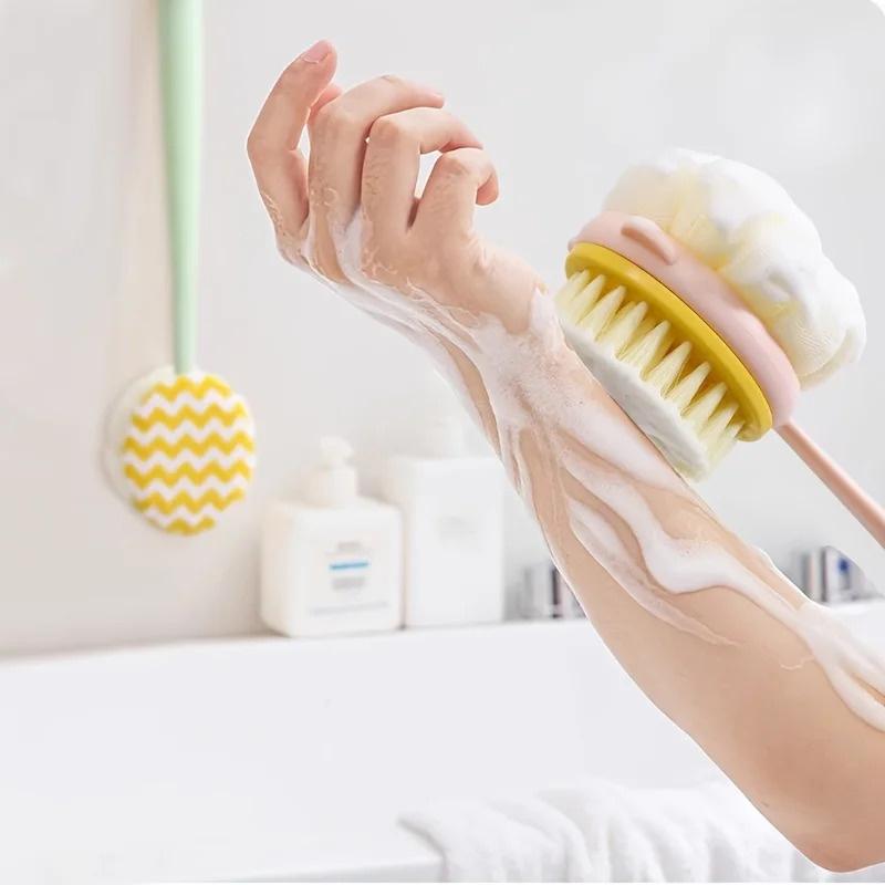 2-In-1 Long Handle Pet Bath Brush - Soft/Hard Bristles & Double-Sided Exfoliating Grooming Tool For Dogs & Cats Showering