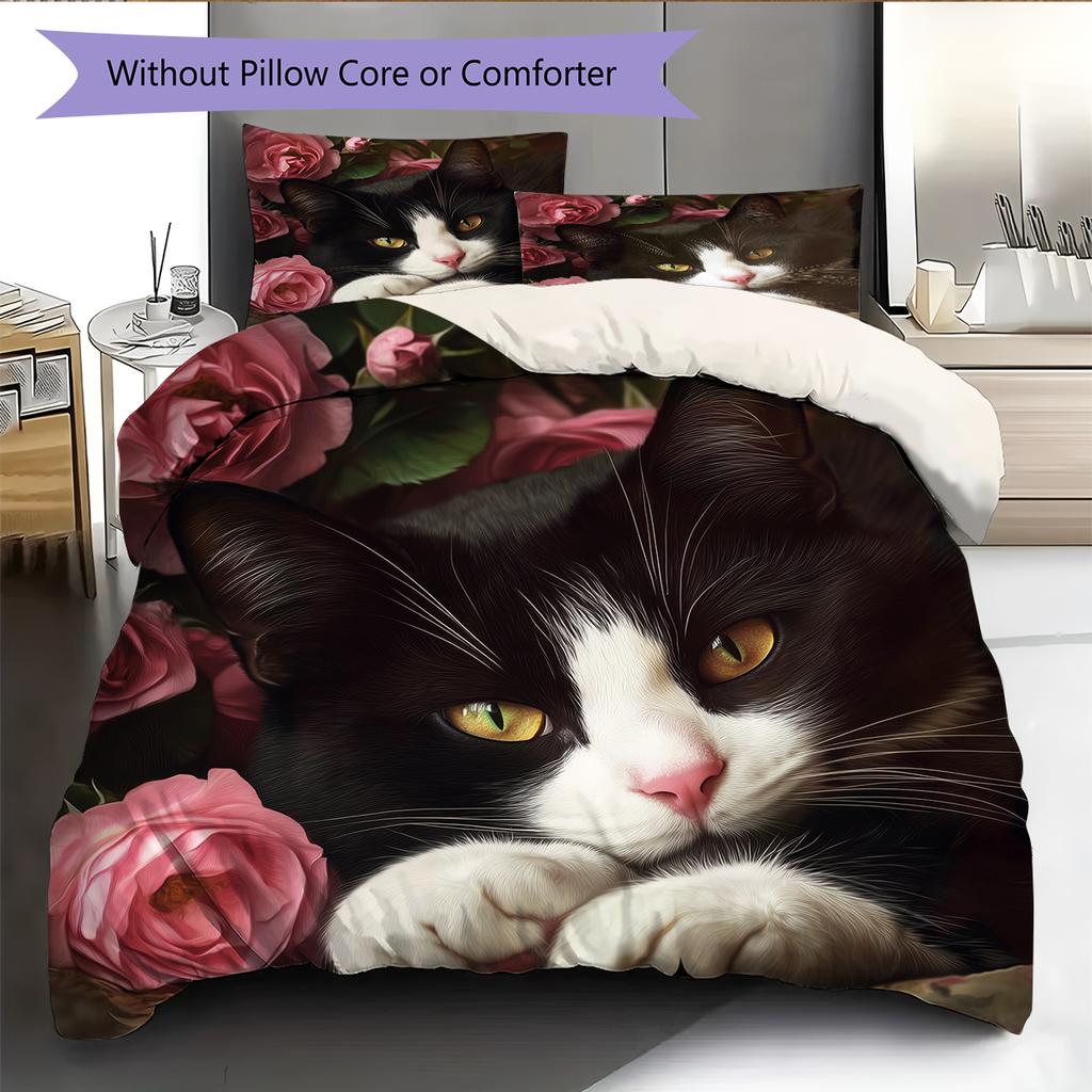 Cow Cat and flowers Pattern Bedding Home Decoration Birthday Gift (1 * duvet cover + 2 * pillowcase, without core)
