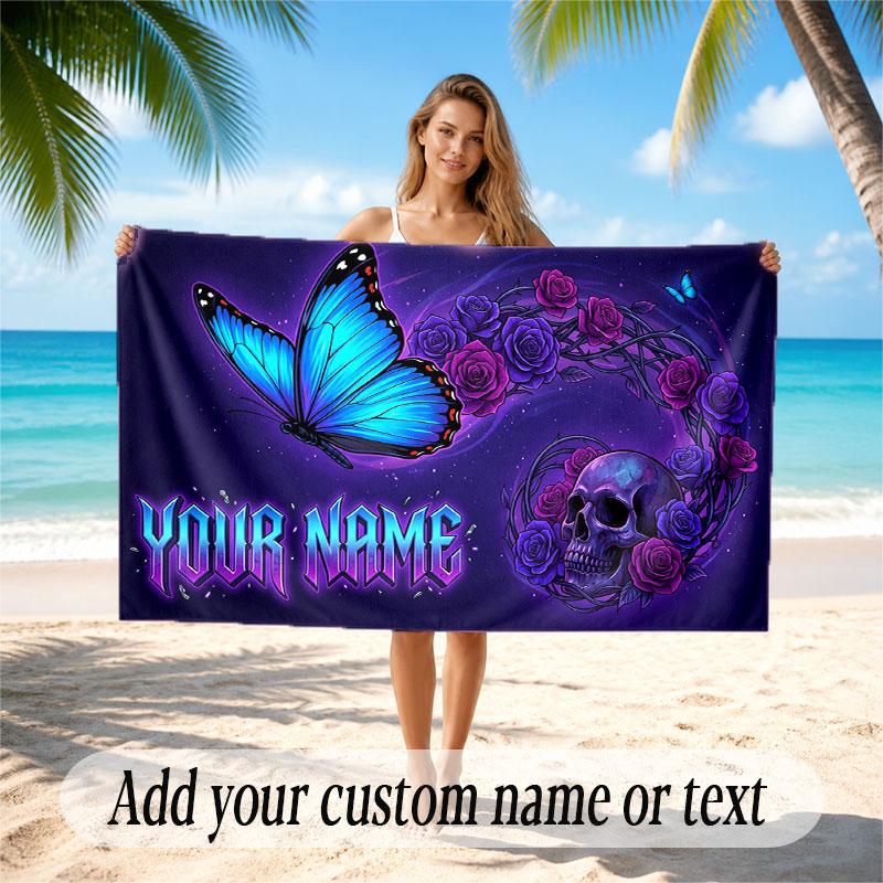 Butterfly Theme Soft Beach Towel Personalized Custom Name Text Towel Portable for Beach Pool Travel