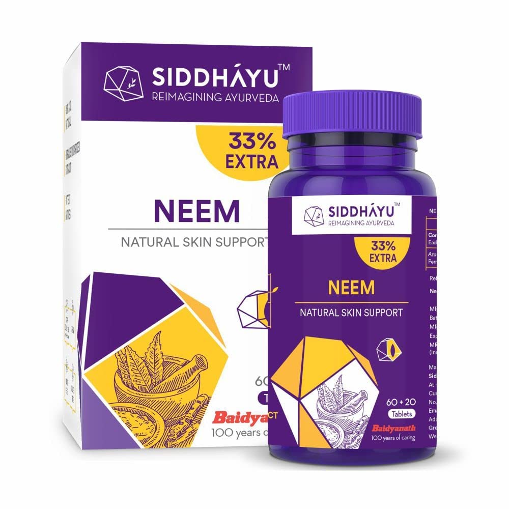 Baidyanath Siddhayu Neem Tablet Pack of 2 X (60 + 20 Tablets Free) sNatural Skin Support Anti Acne
