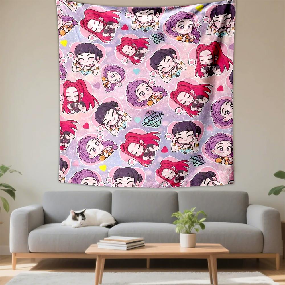 Cute Anime Chibi Girls Cartoon Hearts Print Patterned Tapestry for Bedroom and Living Room Home Decor