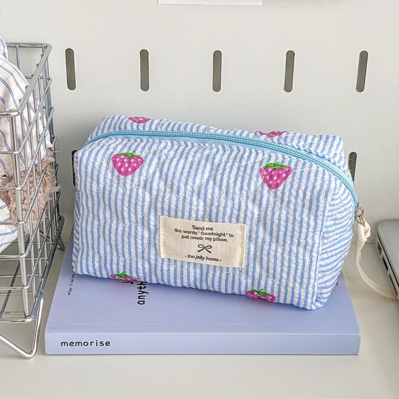 Dámská růžová kosmetická taška s jahodami, přenosný cestovní organizér, pouzdro na toaletní potřeby a make-up, kabelka se zipem pro dámy