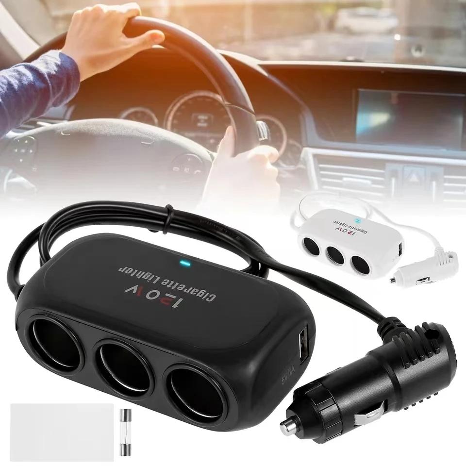 Triple Port 12V/24V Car Charger - Dual USB Fast Charging with LED Light for iPhone Android GPS Dash Cam