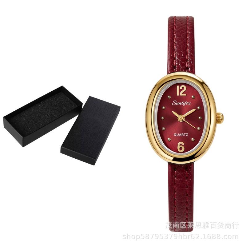Sunlifex Fashion Oval Quartz Watch Women Leather Strap Ankora Red Luxury Minimalist Style