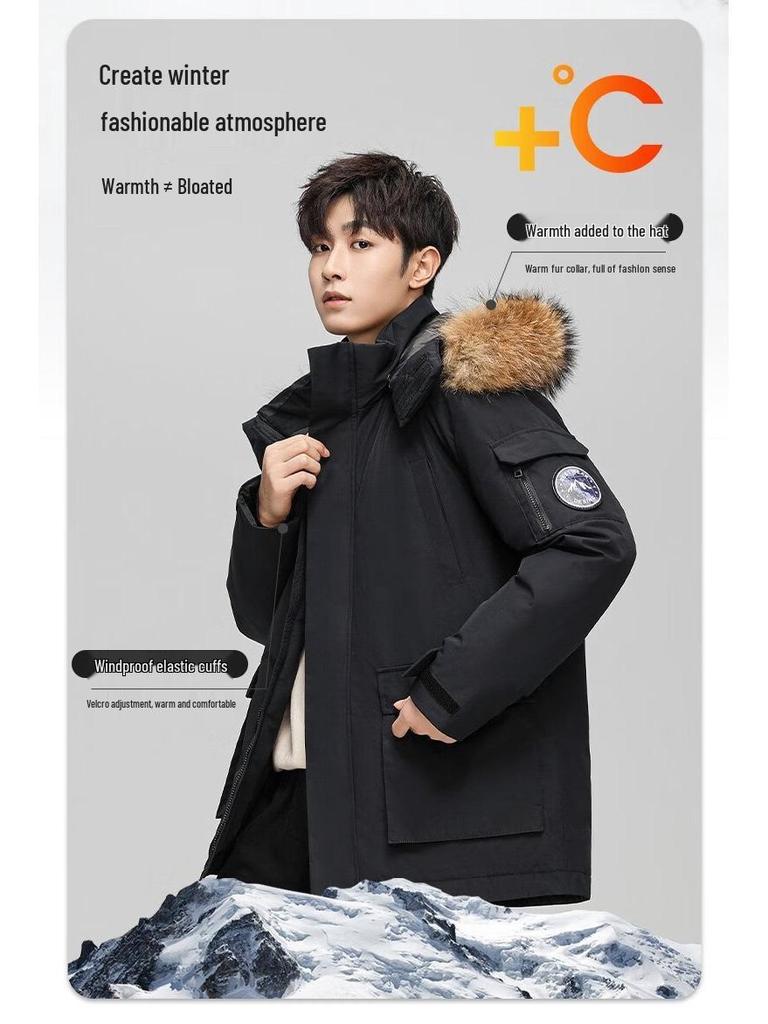 Men's American Style Winter Parka with Large Fur Collar, Mid-Length Outdoor Couple's Jacket, Mountain Windbreaker