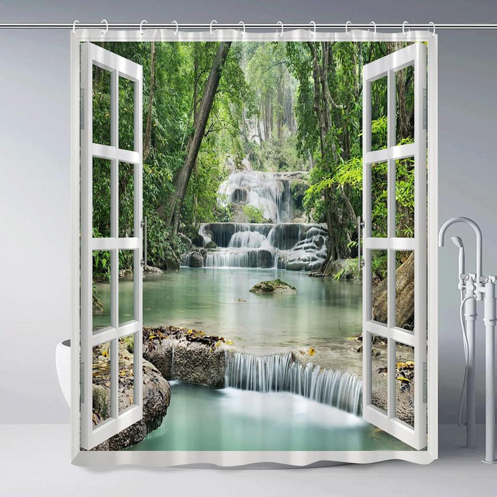 Forest Waterfall Shower Curtain Spring Nature Scenic Green Tree Tropical Jungle Rainforest River Stone Landscape Fabric Bathroom