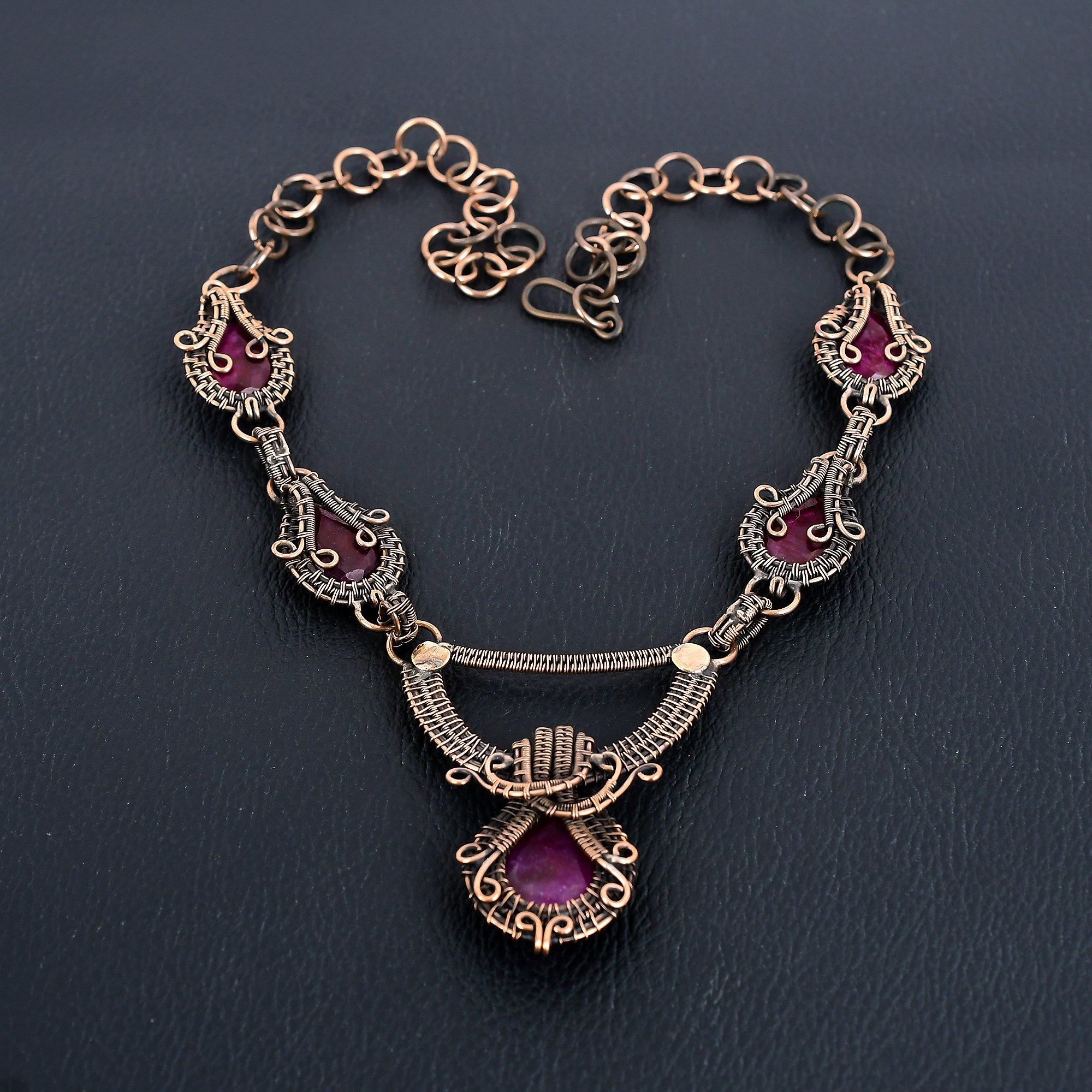 

Рубиновое ожерелье, Ожерелье из медной проволоки 999 пробы с драгоценным камнем, Ювелирное изделие ручной работы, Удивительное ювелирное изделие, Подарок для нее