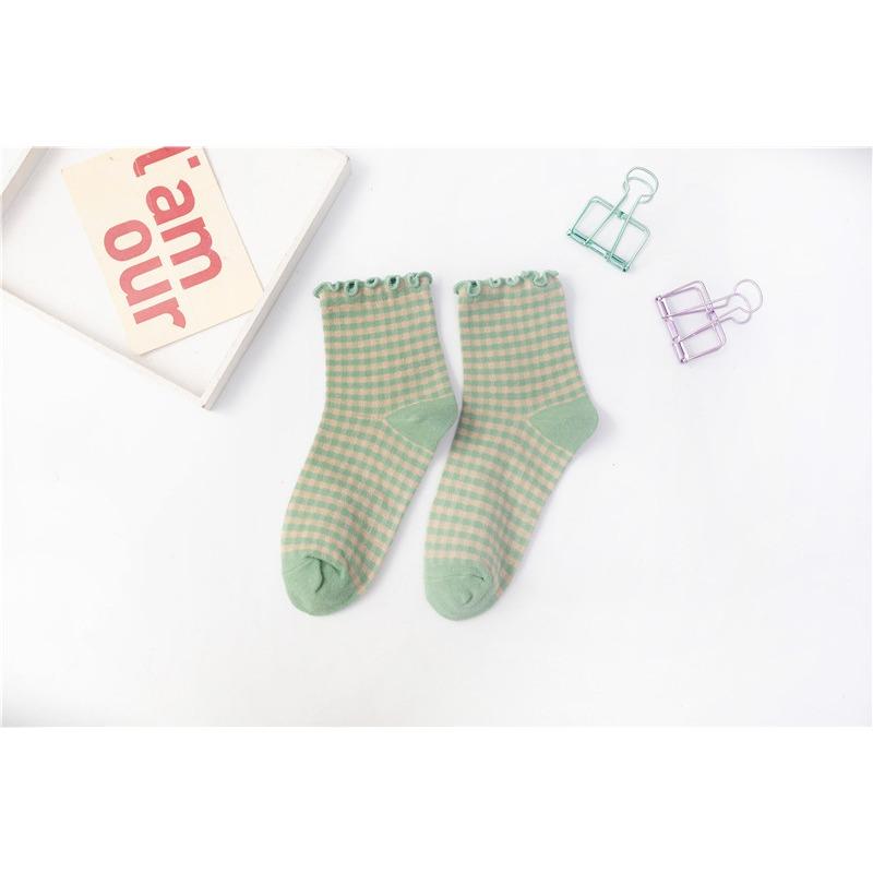 

Женские весенне-осенние винтажные квадратные клетчатые носки-трубы из хлопка с грибным кружевом в милом студенческом стиле 1 pair зелёный