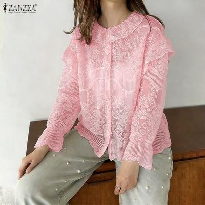 Blusa da Donna Casual con Scollo Rotondo, Maniche Lunghe, Vestibilità Larga, in Pizzo