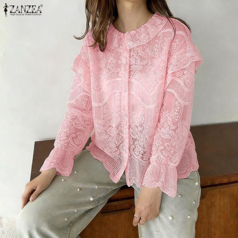ZANZEA Women Casual Round Neck Long Sleeve Loose Lace Blouse