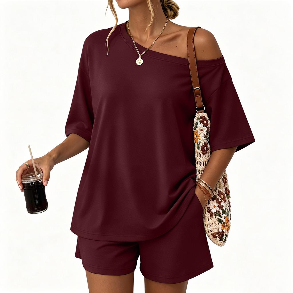 Women Casual Two Piece Set Short Sleeve Loose Fit Top and Elastic Waist Shorts Lightweight Lounge Wear Summer Outfit