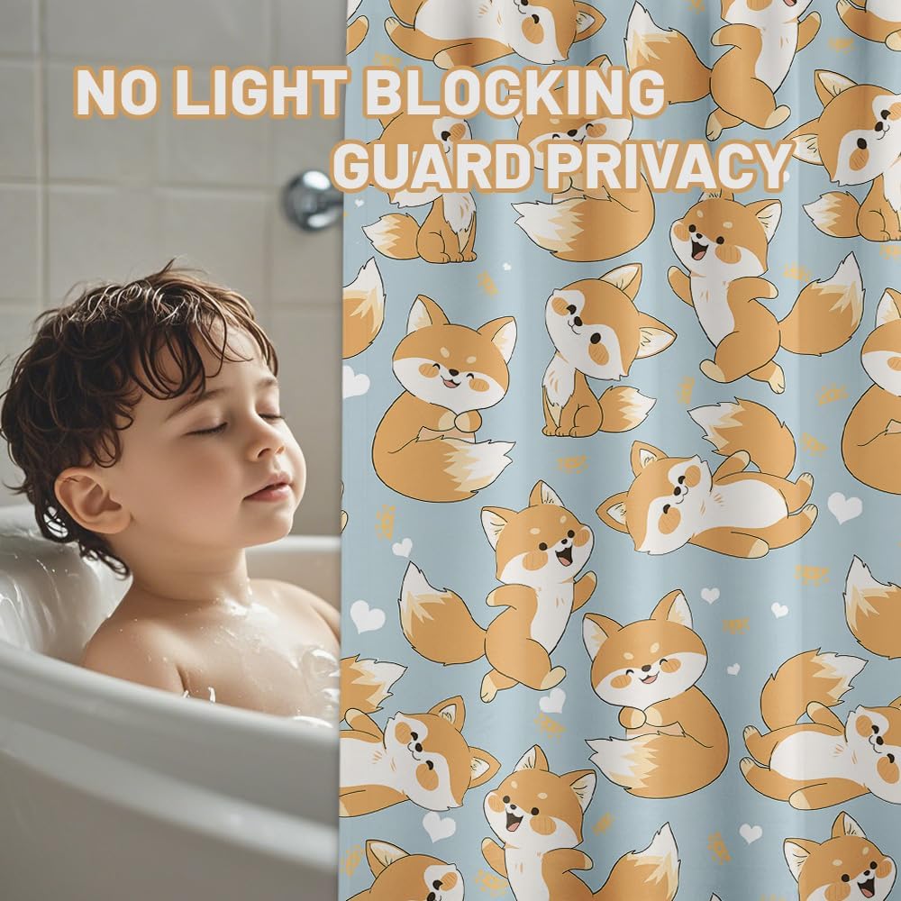 Cute Fox Shower Curtain Kids Toddler Cartoon Animal Shower Curtains for Bathroom Decor, Waterproof Cloth Fabric with Hooks 70" W