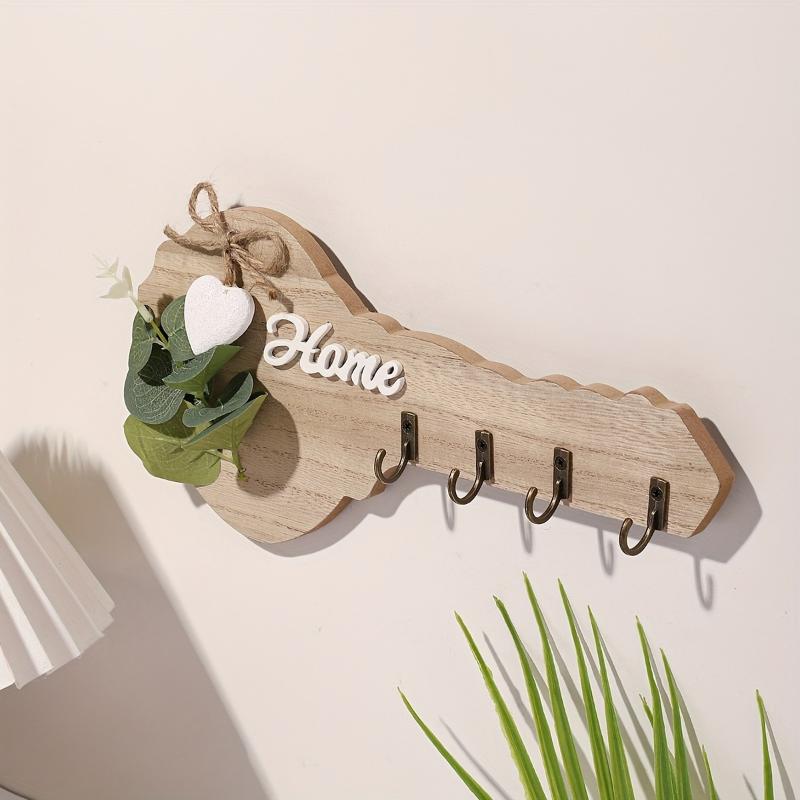 1PC Wooden "Home" Key Holder Wall Decor With Heart Embellishments And 4 Hooks - Stylish Modern Party Home Decor