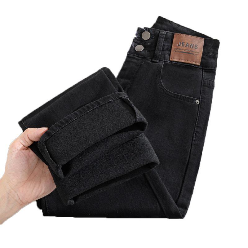 High-Quality Black Fleece-Lined Straight-Leg Jeans for Women - 2025 Autumn/Winter Edition, Plus Loose Slimming Design, Cigarette Style, Size 30