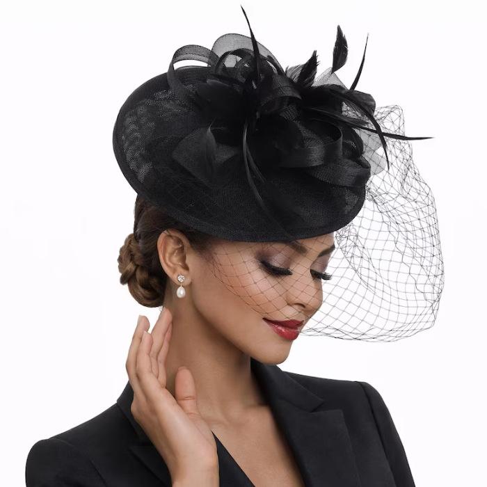 Hot-selling European and American boutique feather flower mesh gauze hat bridal headgear fashion hair accessories top hat hemp yarn headgear