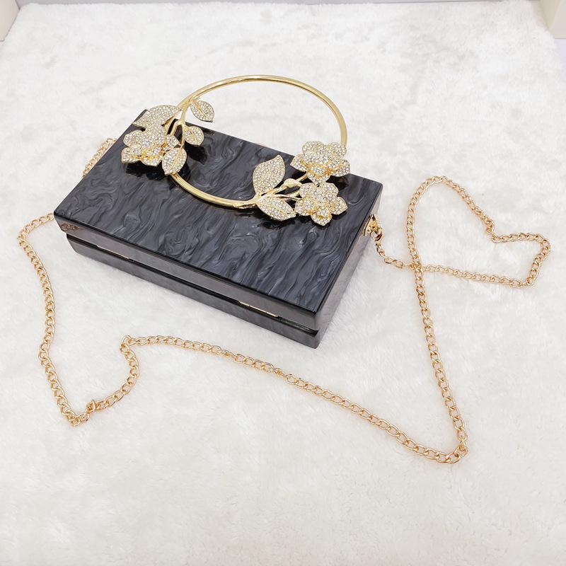 2024 New Acrylic Handbags Ladies Diamonds Leaves Flowers Evening Bags Handheld Crossbody Party Wedding Women's Small Square Bags