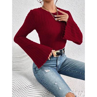 Heißer Verkauf Rundhals Ausgestellter Ärmel Bordeauxrotes T-Shirt Herbst Winter Elegant Pendeln Vielseitiges Oberteil