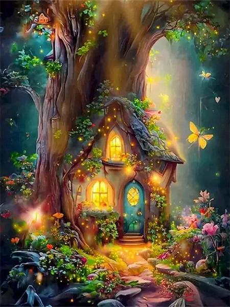 

5D Diy Алмазная картина Дом на дереве Полный квадрат Круглая вышивка Мозаика Фэнтези Пейзаж Ручной работы Домашний декор Full Round 20x30CM