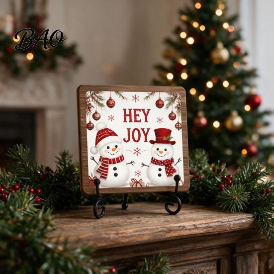 Christmas Hanging Ornament Wooden Tabletop Decor, 2D Pet Santa with Iron Stand, Rustic Xmas Party Holiday Sign for Home And Cafe Festive Shelf, Solid