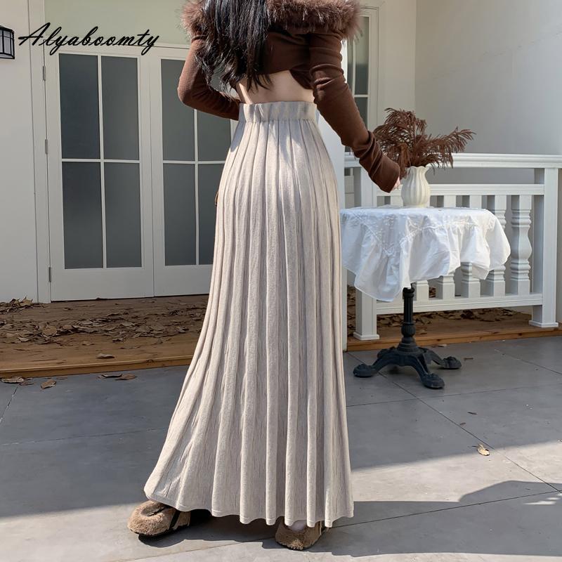 Moda Coreana Otoño Invierno Mujer Maxi Falda Larga Cintura Alta Negro Beige Gris Punto Plisada Falda Gruesa Cálida Tejida Faldas Elegantes