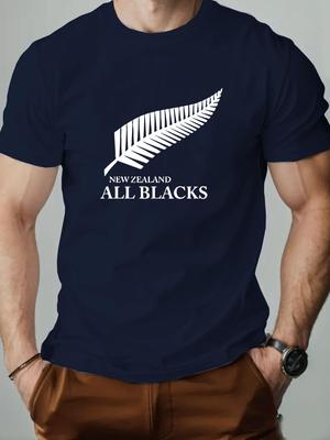 Herren 100% Baumwolle T-Shirt mit Neuseeland All Blacks Feder Design Lässig Rundhalsausschnitt Normale Passform Leichter Stretch Strickstoff