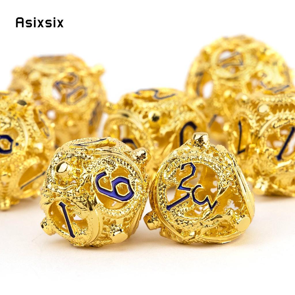 7 Pcs Golden Black Circular Dragon Metal Dice Hollow Metal Polyhedral Dice Suitable for Role-Playing RPG  Board Game Card Game