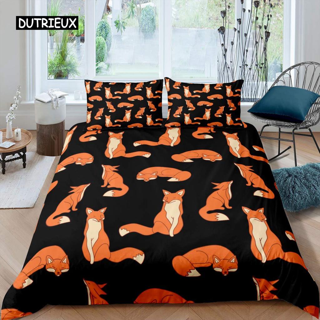 Fox Duvet Cover Set Girls Cartoon Fox Bedding Set Lovely Animal Theme Comforter Cover for Kids Teens King Polyester Quilt Cover