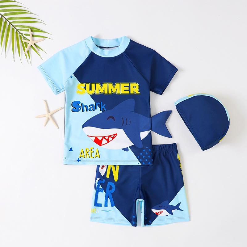 New Cute Shark Toddler Boys' Swimsuit Set with Quick-Dry Shorts, Short Sleeves, Sunscreen, and Swim Cap