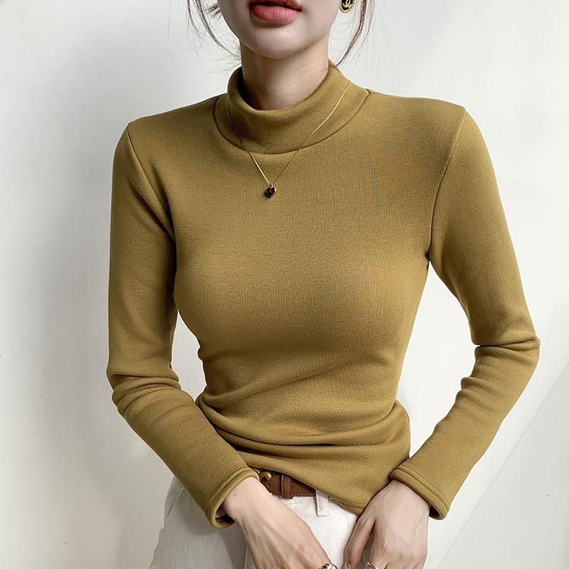 Women's Modal Velvet Half-High Collar Long-Sleeved Slim Warm Bottoming Shirt for Autumn and Winter