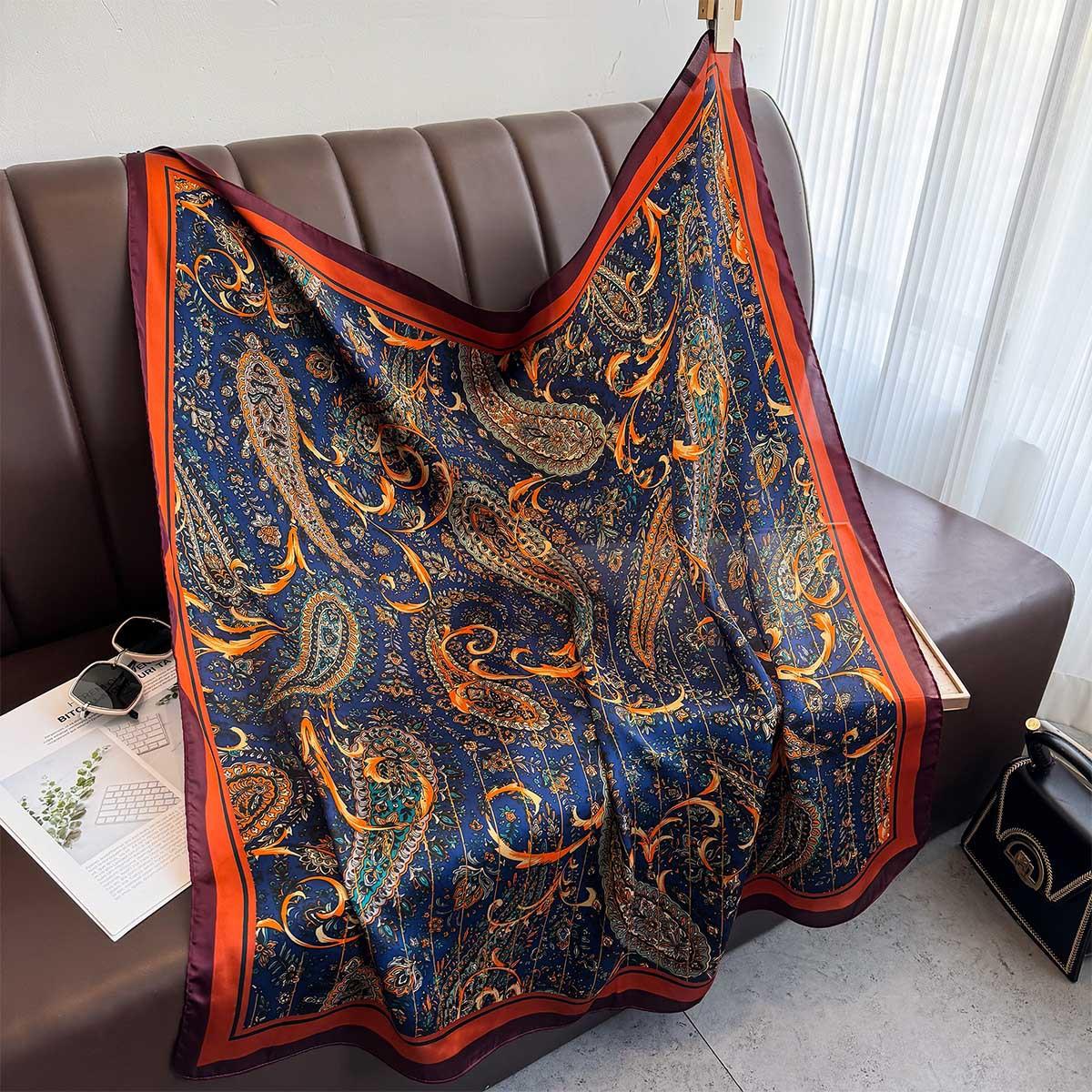 

Новый квадратный платок 90 см Ретро цветочный принт с узором пейсли Шелковые платки Женский фуляр Головной платок Летняя шаль Хиджаб Бандана Шейный платок Головной платок 90x90cm