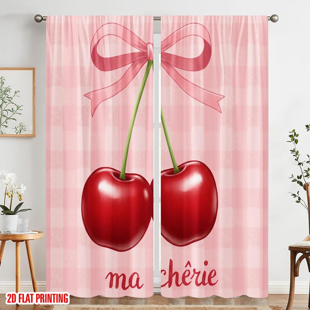 2 Stück 2D-Flachdruck Fenstergardinen Niedliche Kirschband-Illustration Stoff Ohne Strom Festliche Wanddekoration für Feiertage