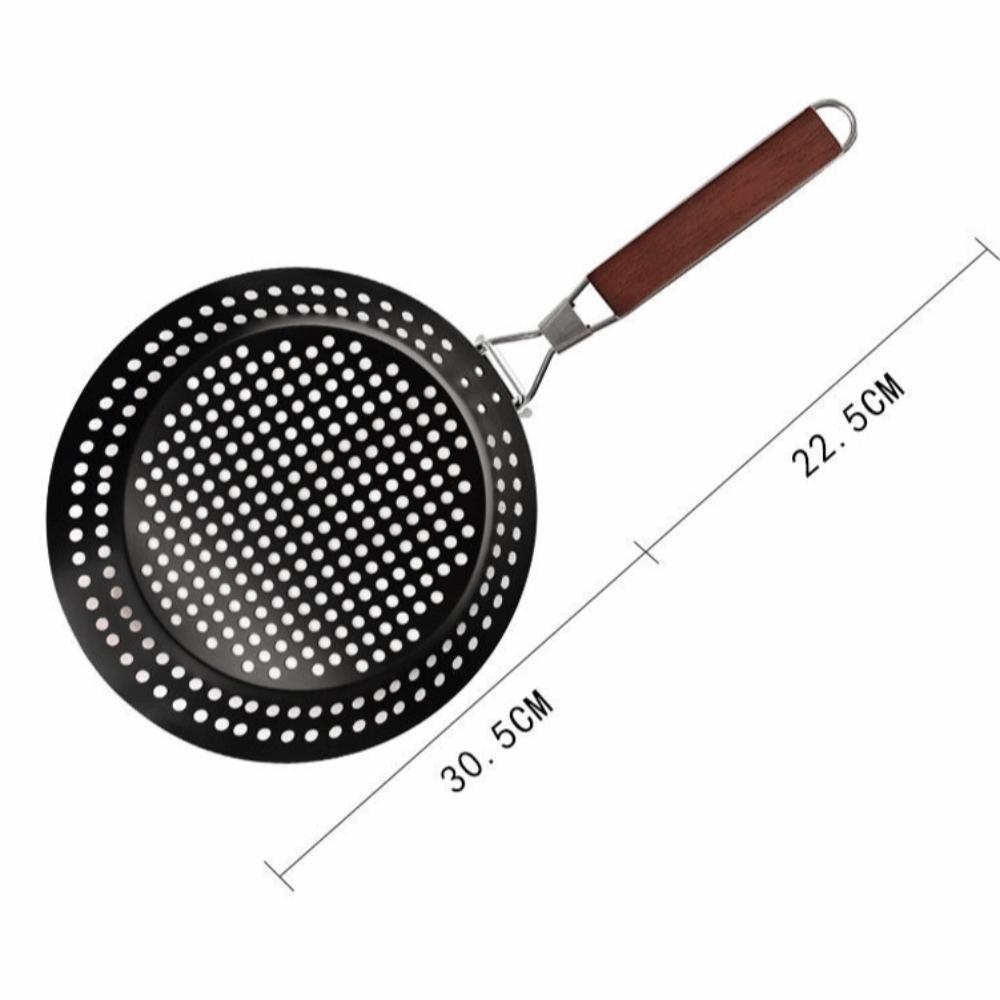 Wooden Handle BBQ Grilling Pan Folding Barbecue Plate Outdoor Grill Topper Kitchen Roasting