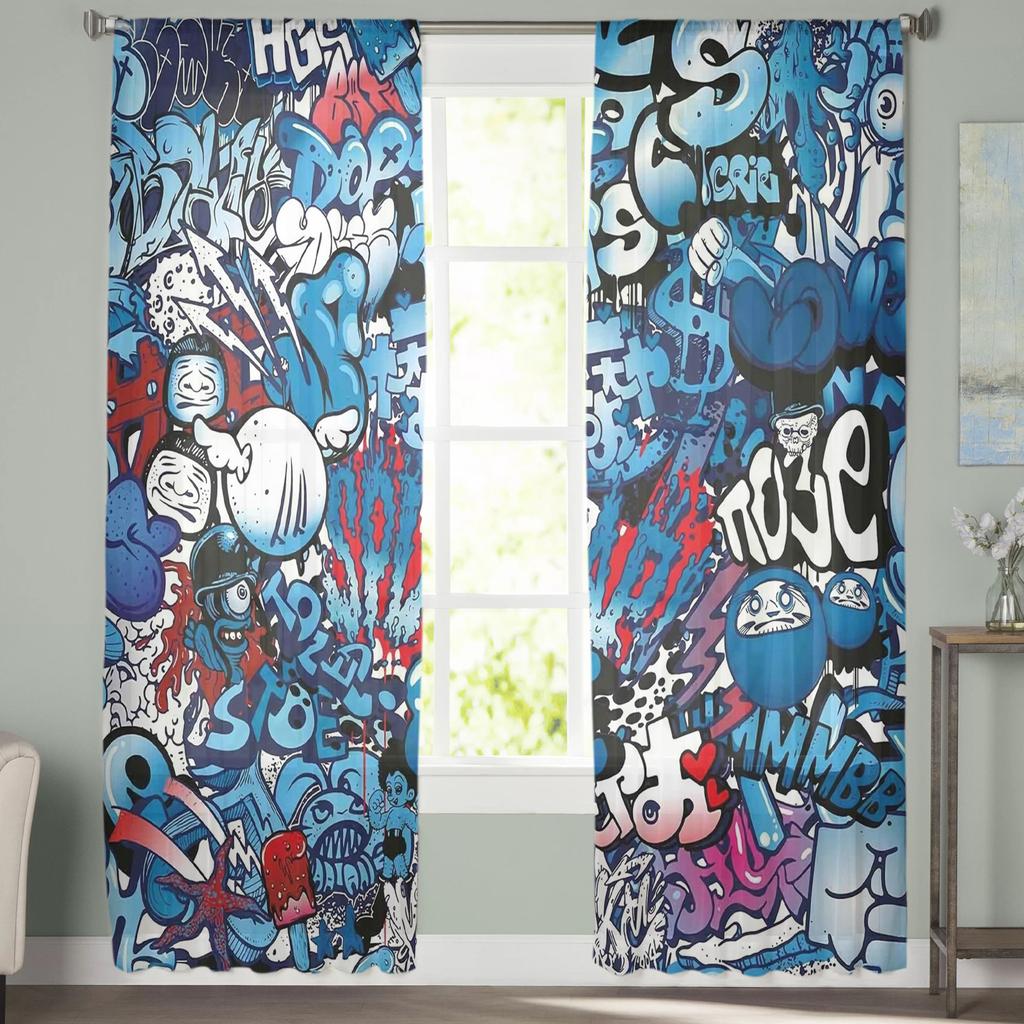 Blue Explosion Punk Graffiti Tulle Curtains For Living Room Bedroom Transparent Tulle Curtains Window Drapes Sheer Voile Curtain