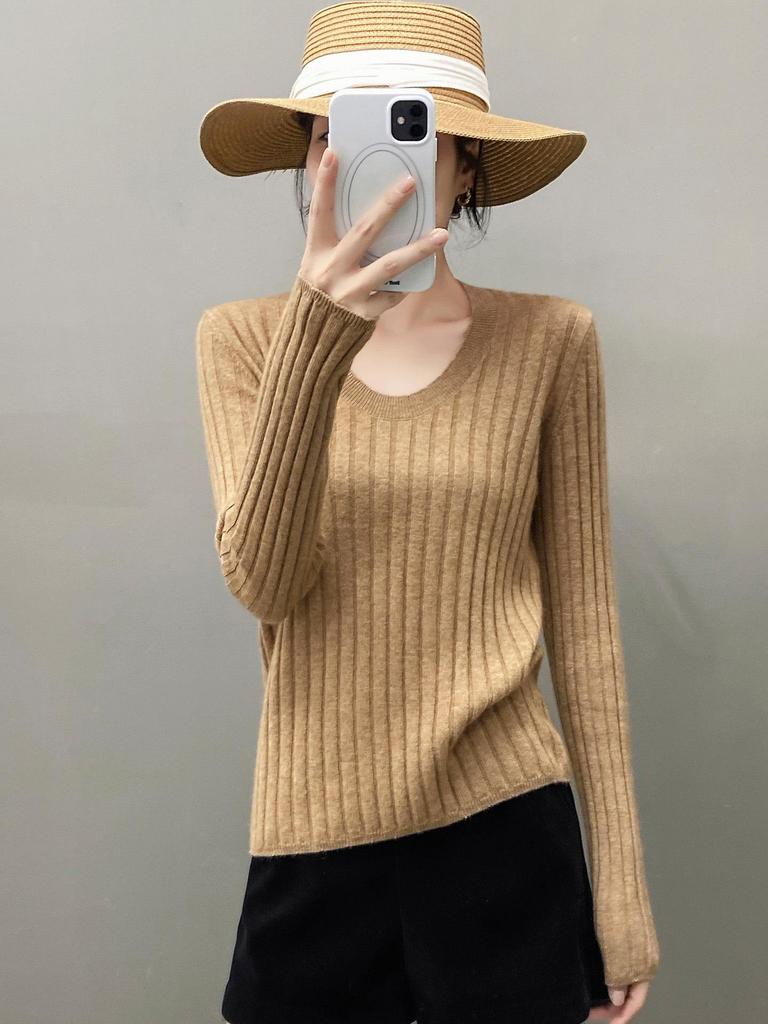Autumn & Winter European Soft Cashmere U-neck Women's Sweater with Vertical Stripes