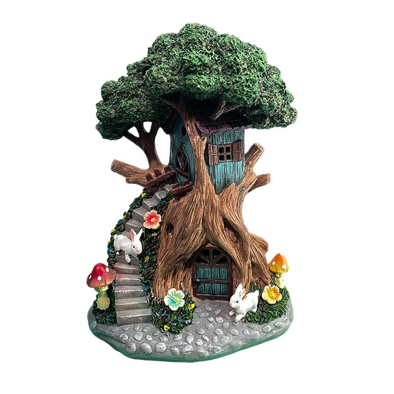 Solar Lamp Elf Tree House Resin Statue, Garden Elf House Statue, Fairy Tale Landscape Sculpture Ornament, Courtyard Home Desktop Decoration