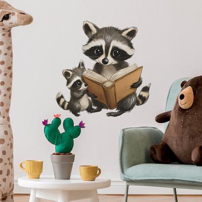 Raccoon dei cartoni animati che legge un libro Decorazione di abbellimento per sfondo parete di camera da letto, soggiorno, casa Adesivi murali