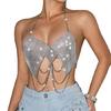 Women Shines Rhinestones Tank Top Halter Body Chain Fishnet Mesh Bra Crop Top Shirt for Night Club Party Rave Outfits